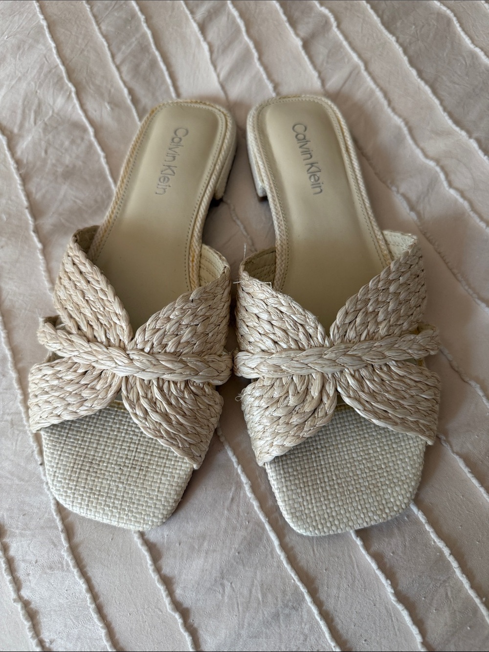 Calvin Klein Cream Straw Slide Sandals